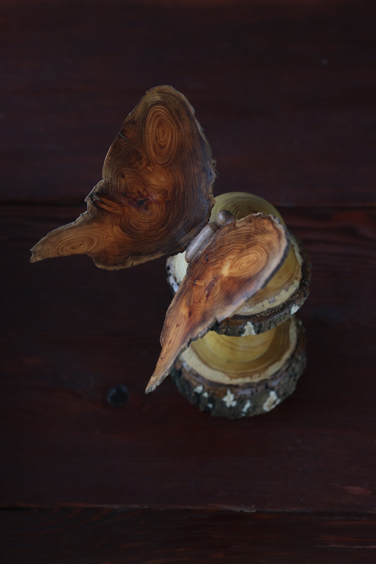 Hand-Turned Wood Mushroom & Butterfly Sculpture