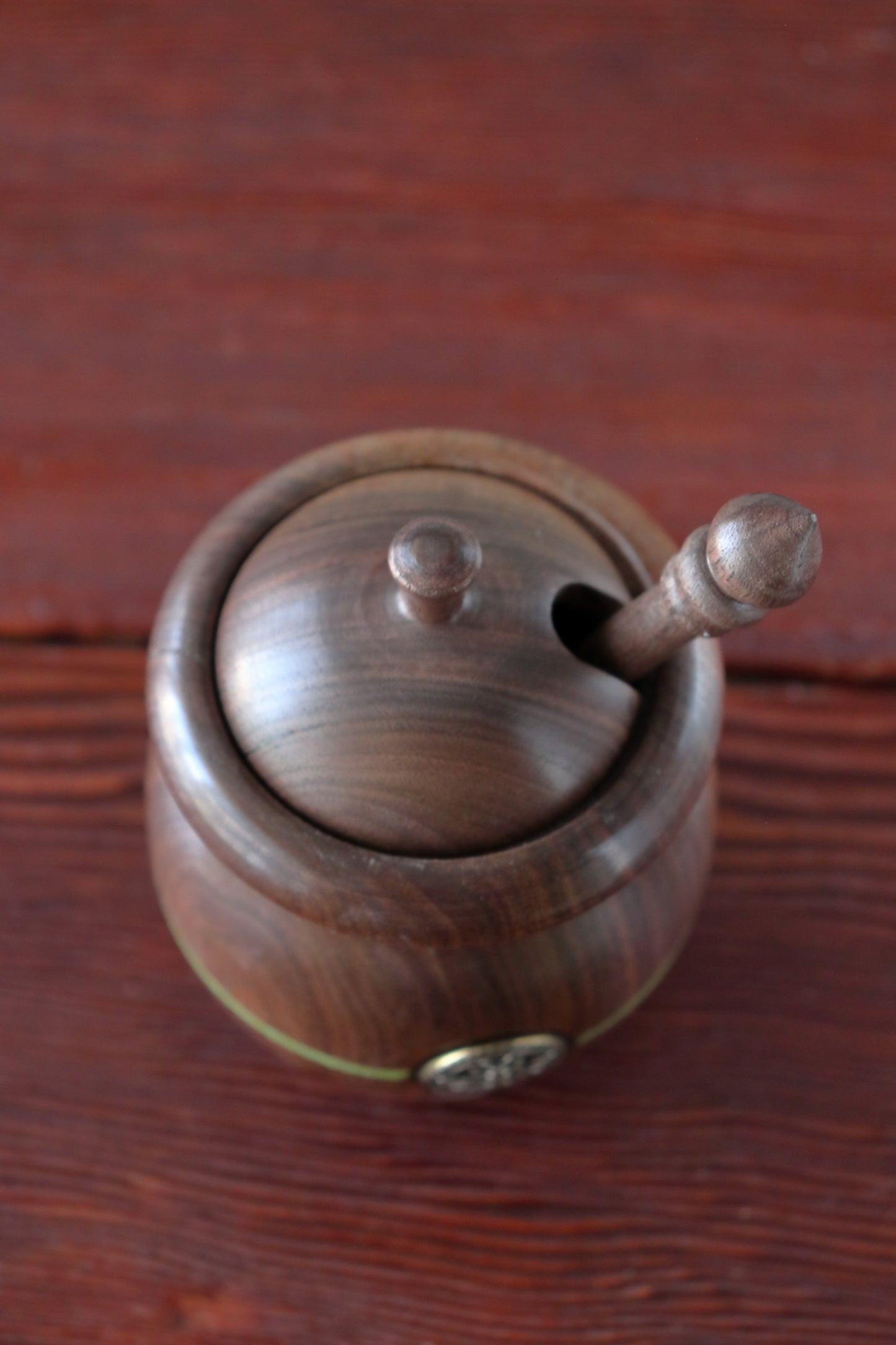 Small Black Walnut Honey Pot with Green Glass Bead Stripe & Vintage Bee Emblem