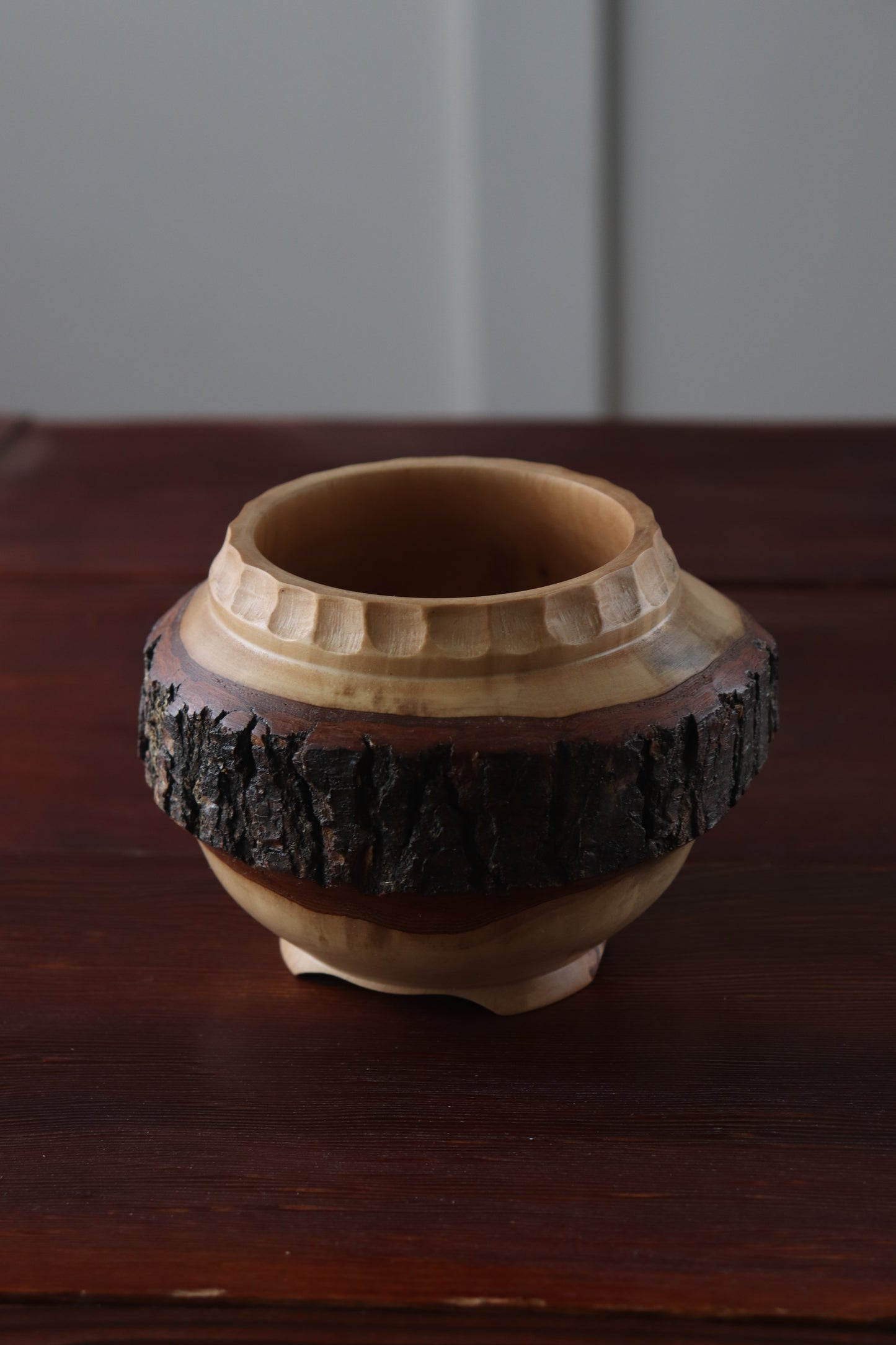 Hand-Turned Carved Wood Bowl with Live Bark & Carved Feet