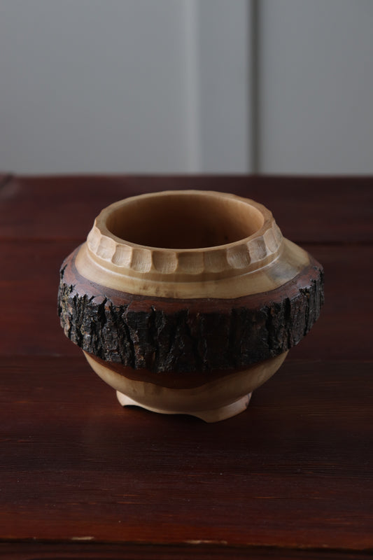 Hand-Turned Carved Wood Bowl with Live Bark & Carved Feet