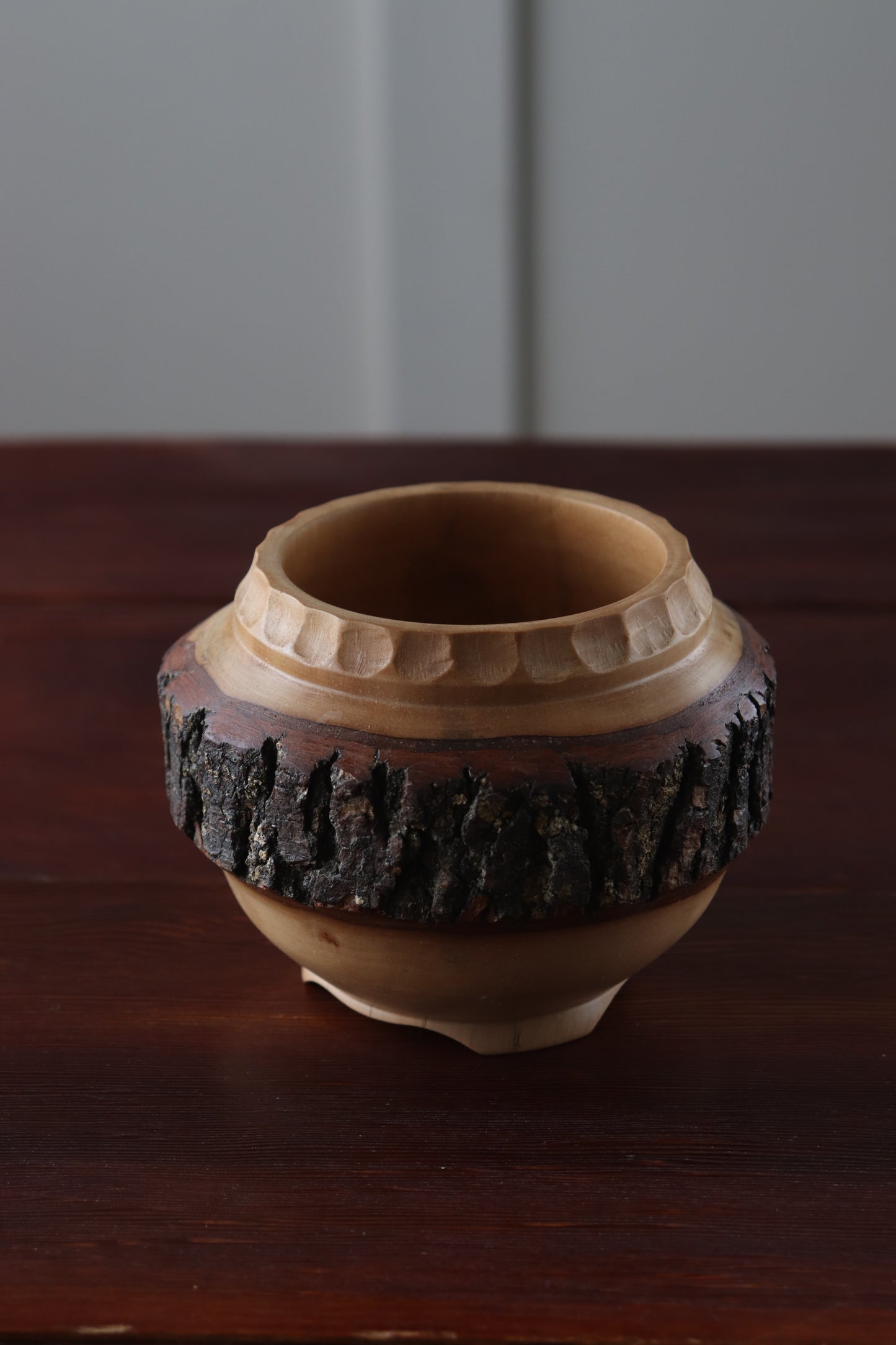 Hand-Turned Carved Wood Bowl with Live Bark & Carved Feet