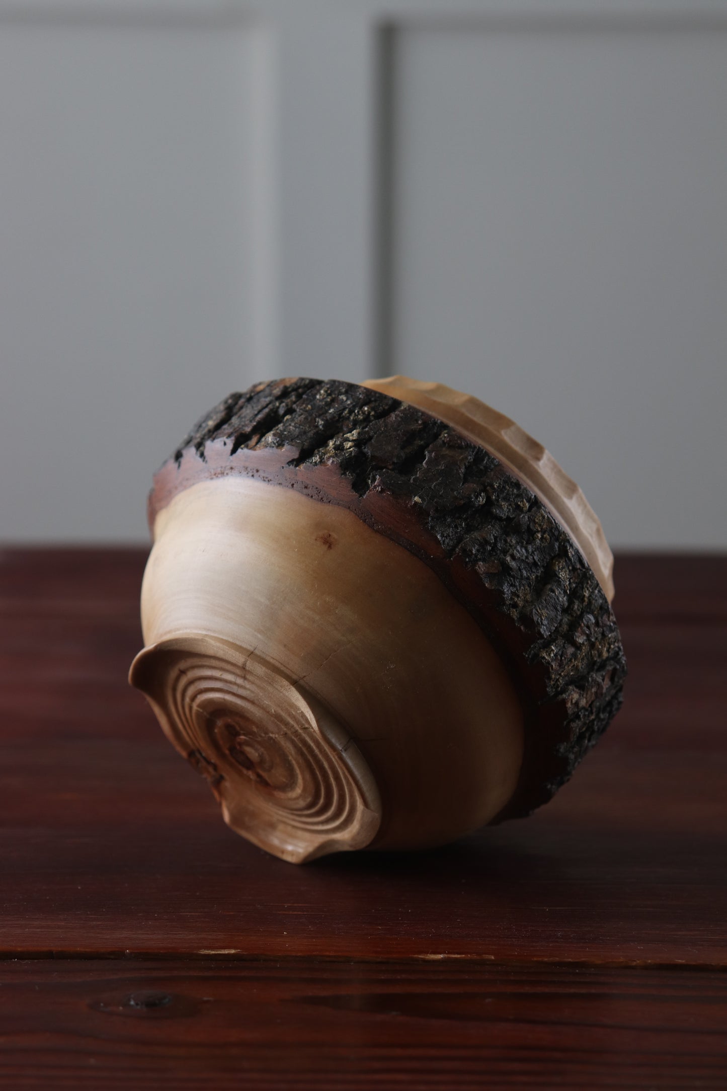 Hand-Turned Carved Wood Bowl with Live Bark & Carved Feet