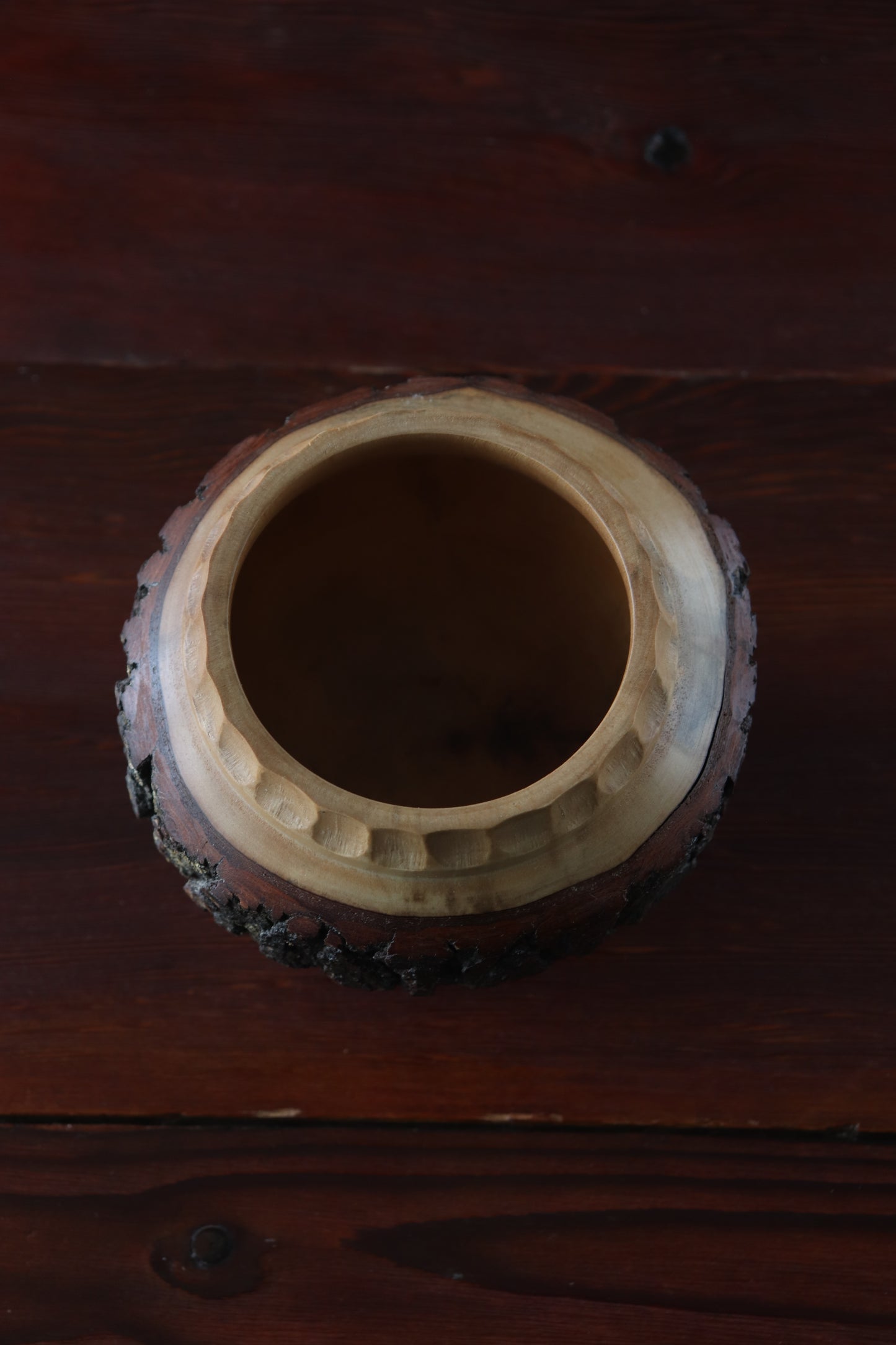 Hand-Turned Carved Wood Bowl with Live Bark & Carved Feet