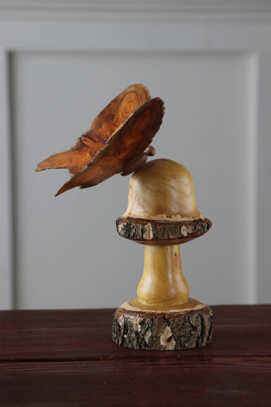 Hand-Turned Wood Mushroom & Butterfly Sculpture