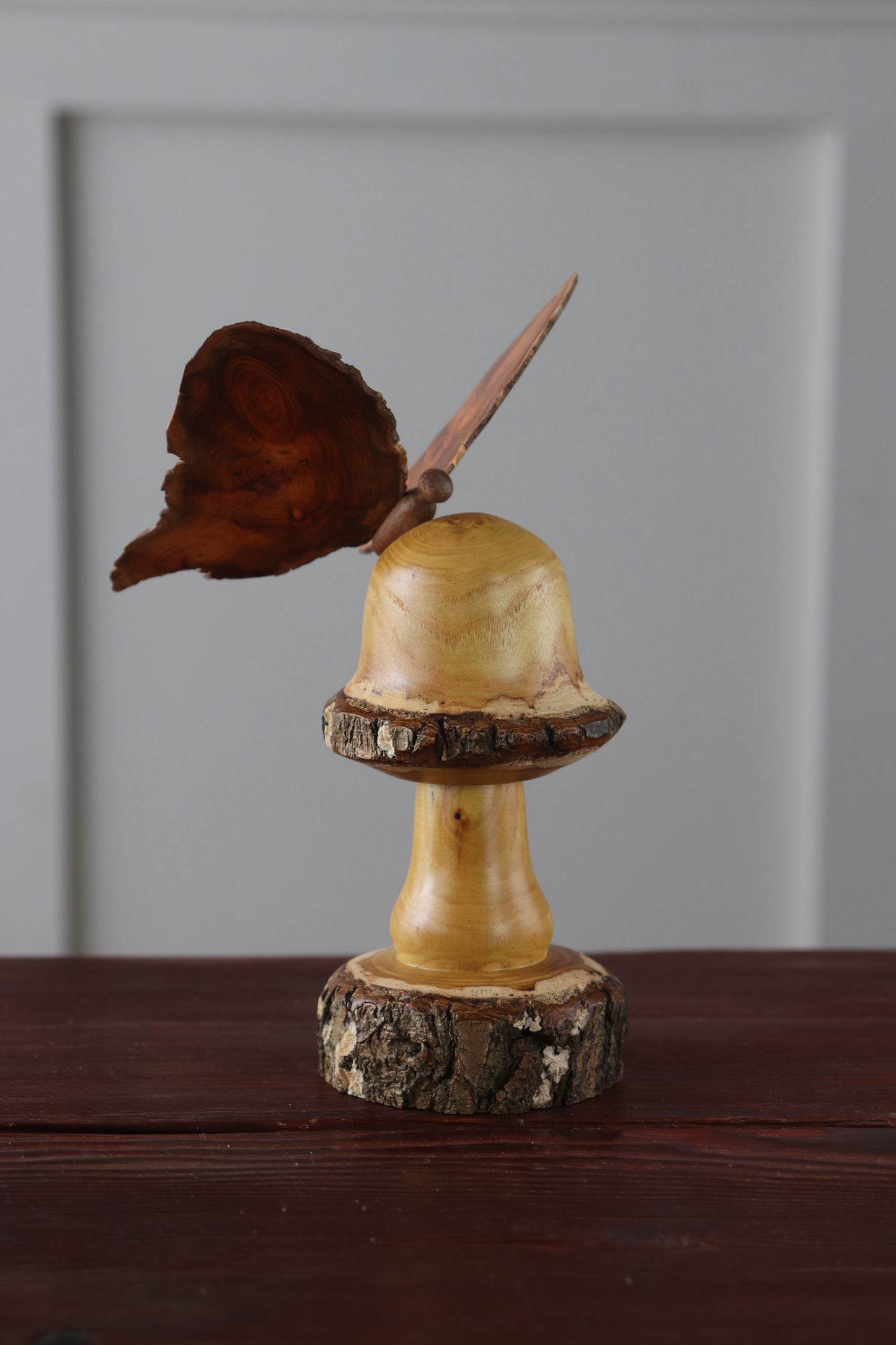Hand-Turned Wood Mushroom & Butterfly Sculpture
