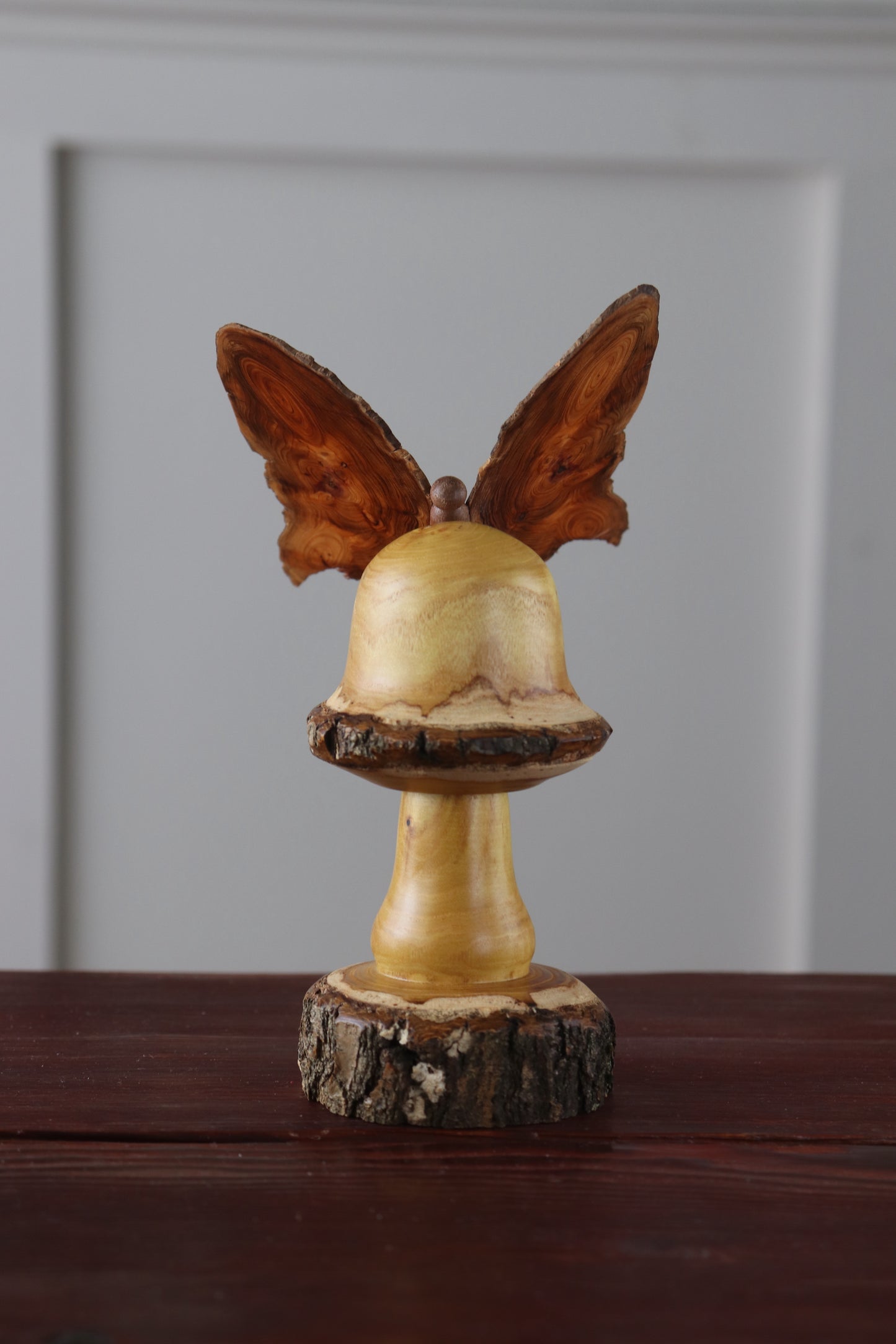 Hand-Turned Wood Mushroom & Butterfly Sculpture