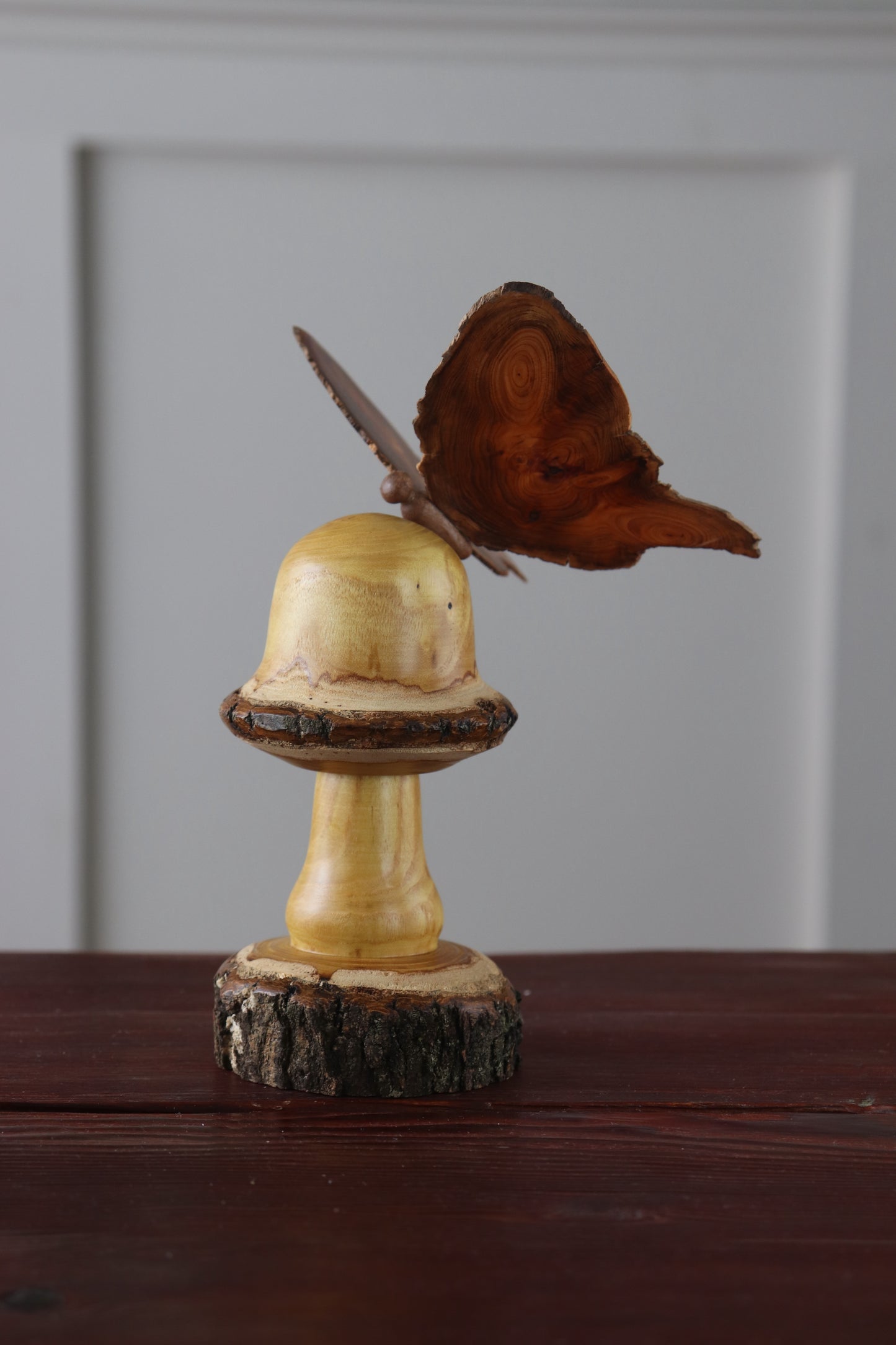 Hand-Turned Wood Mushroom & Butterfly Sculpture