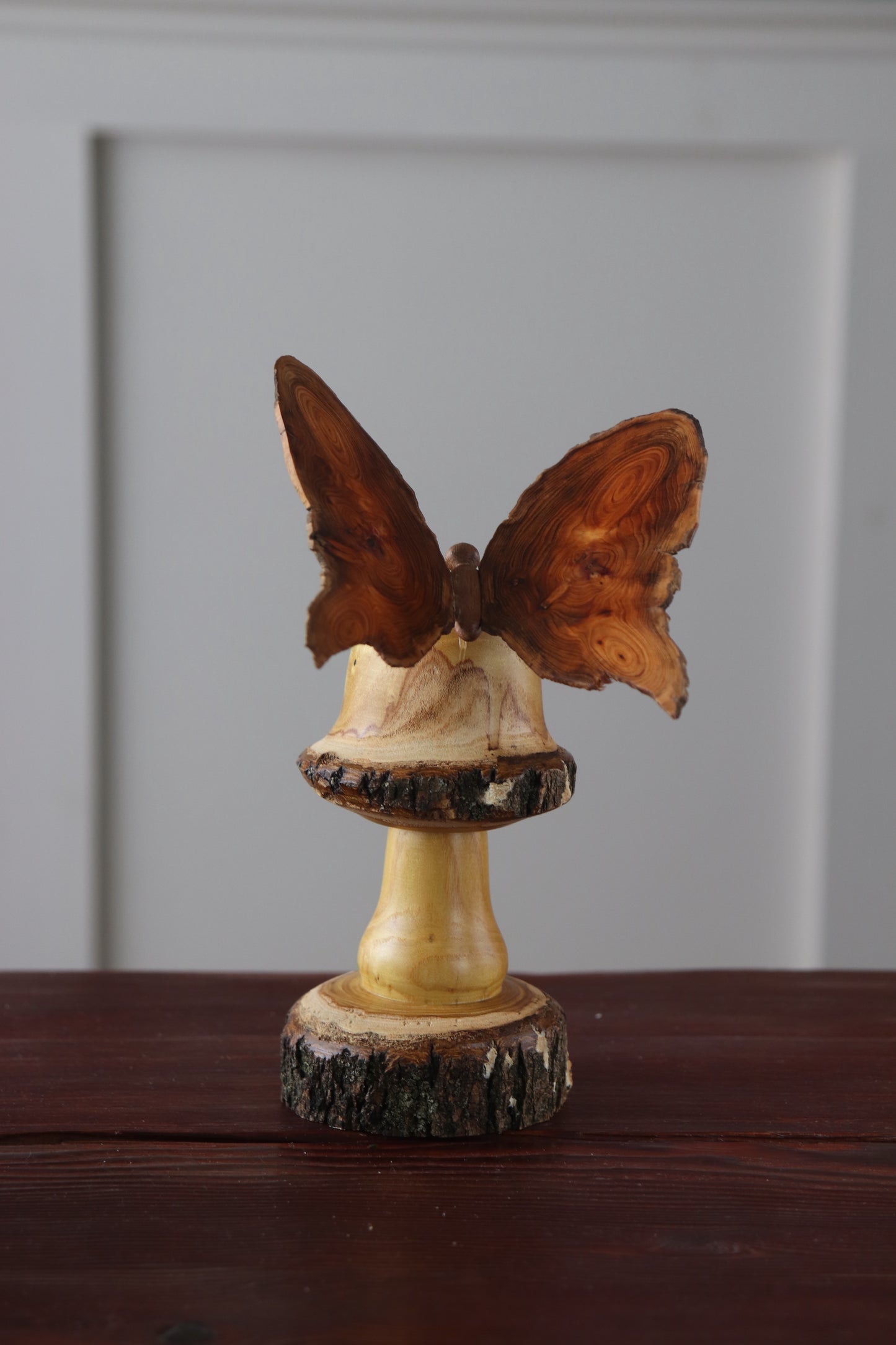 Hand-Turned Wood Mushroom & Butterfly Sculpture