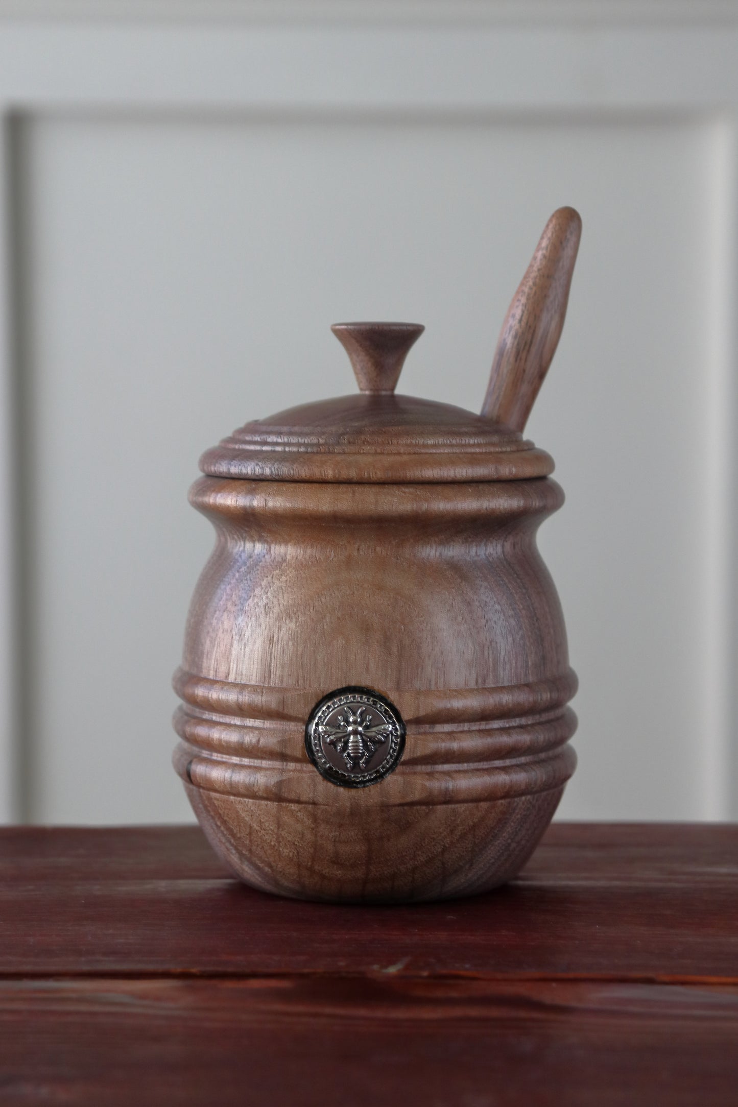 Handcrafted Walnut Honey Pot with Dipper & Vintage Metal Bee Emblem