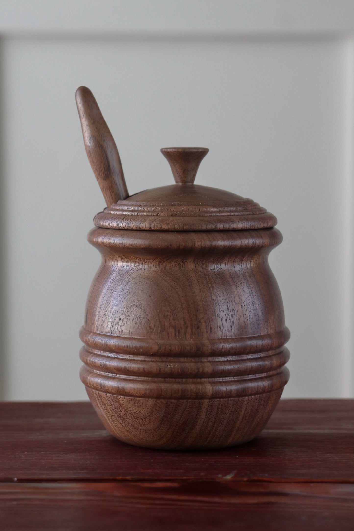 Handcrafted Walnut Honey Pot with Dipper & Vintage Metal Bee Emblem