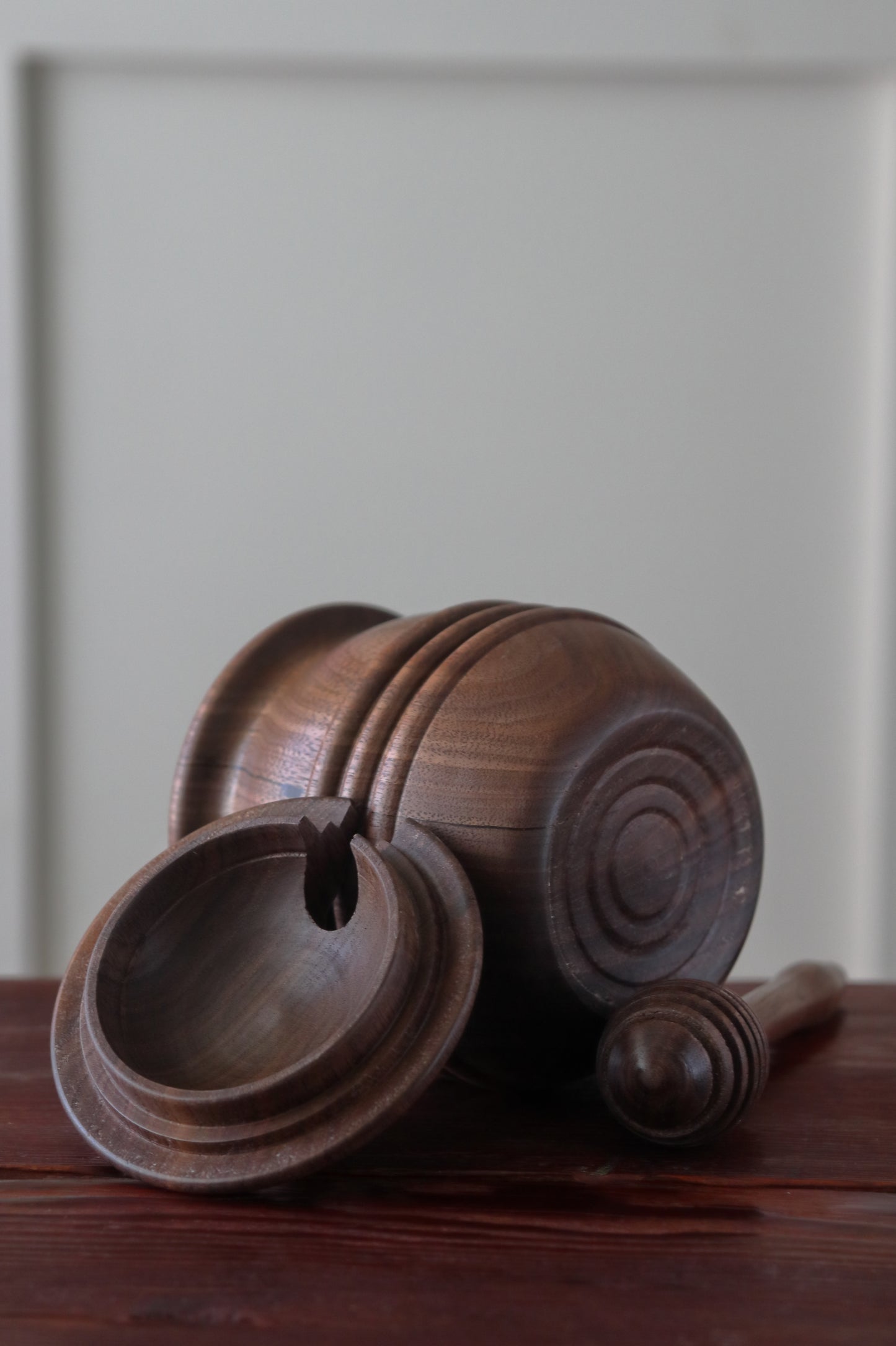 Handcrafted Walnut Honey Pot with Dipper & Vintage Metal Bee Emblem