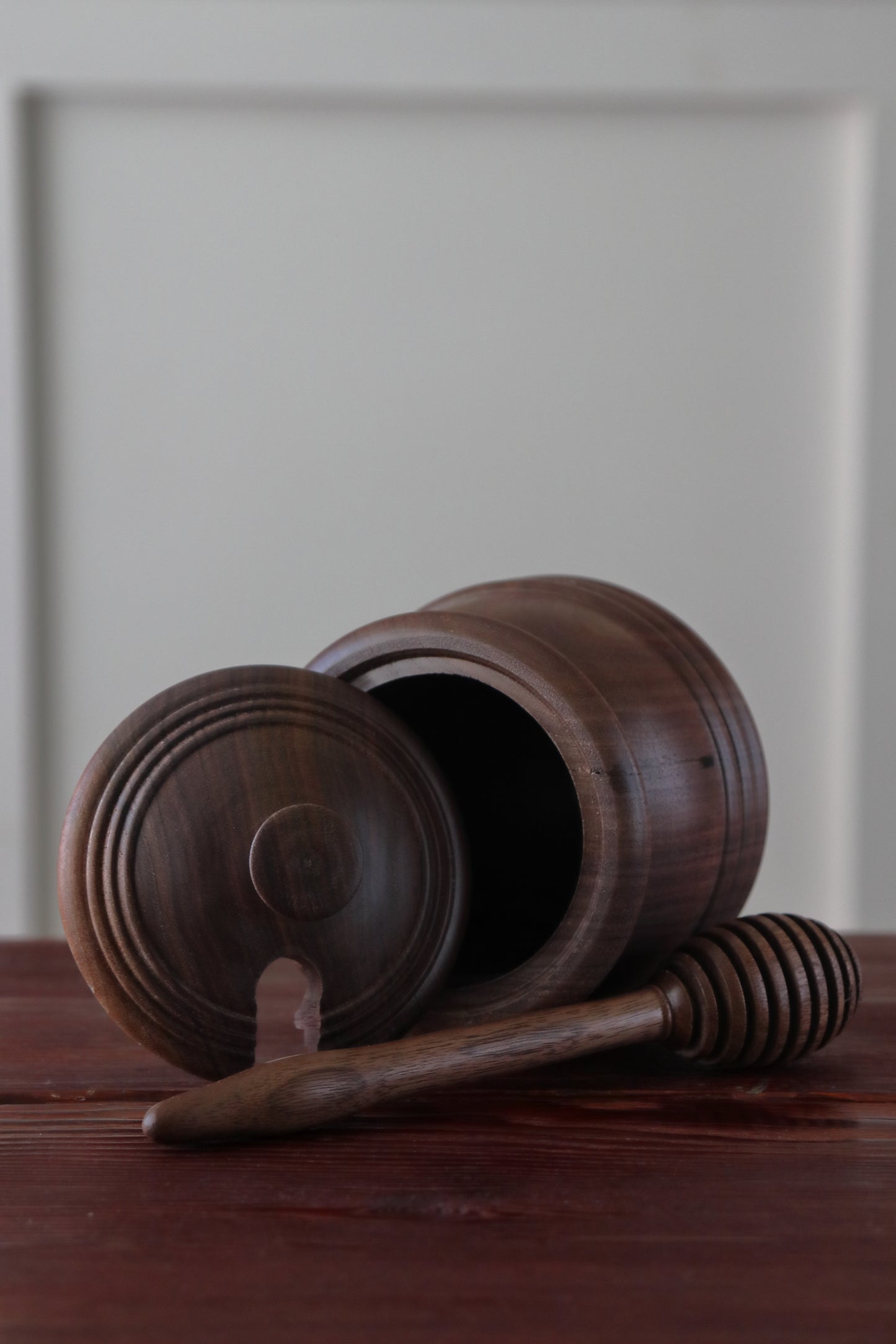 Handcrafted Walnut Honey Pot with Dipper & Vintage Metal Bee Emblem