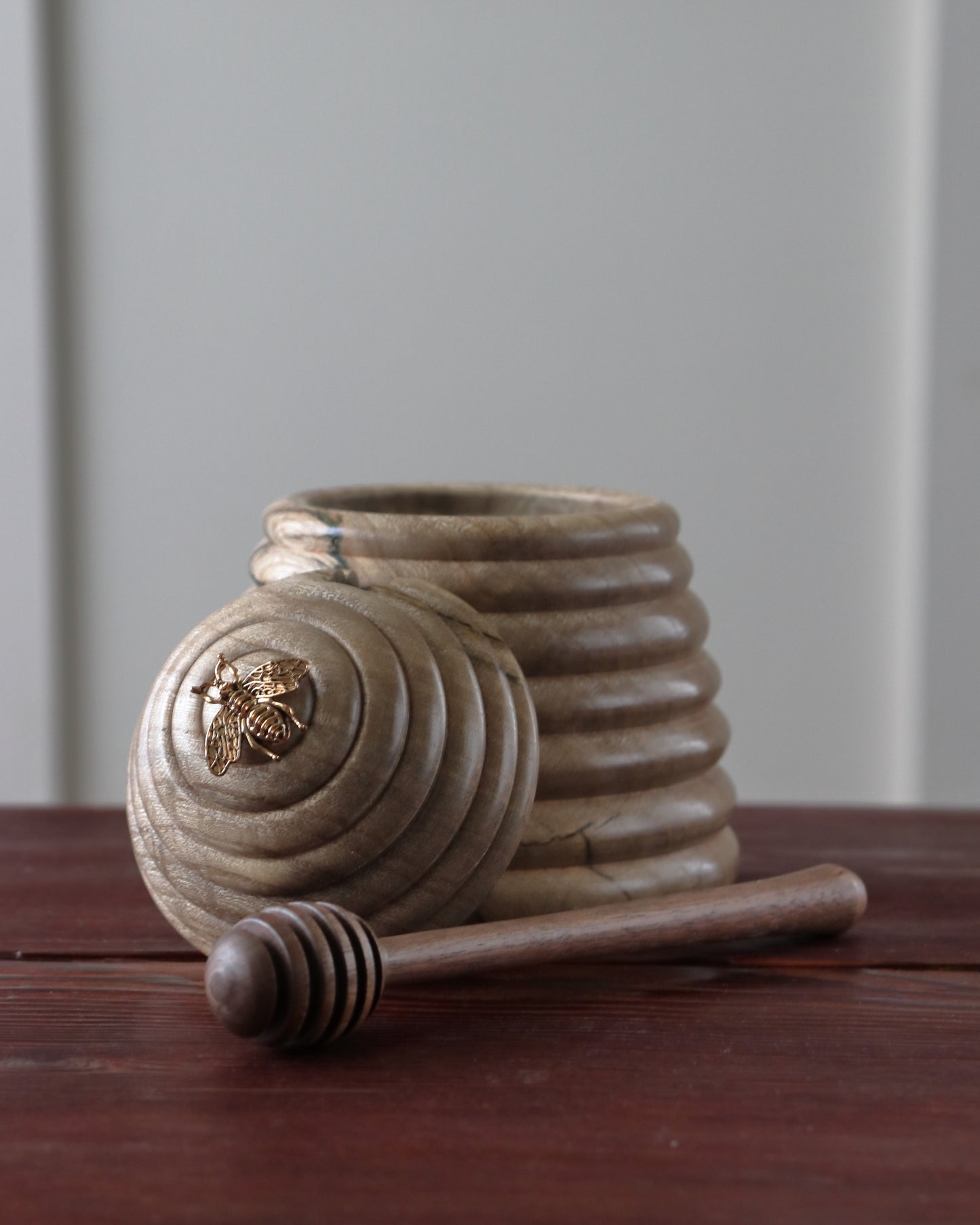 Handmade Bee Hive Honey Pot — Hackberry Wood with Walnut Dipper