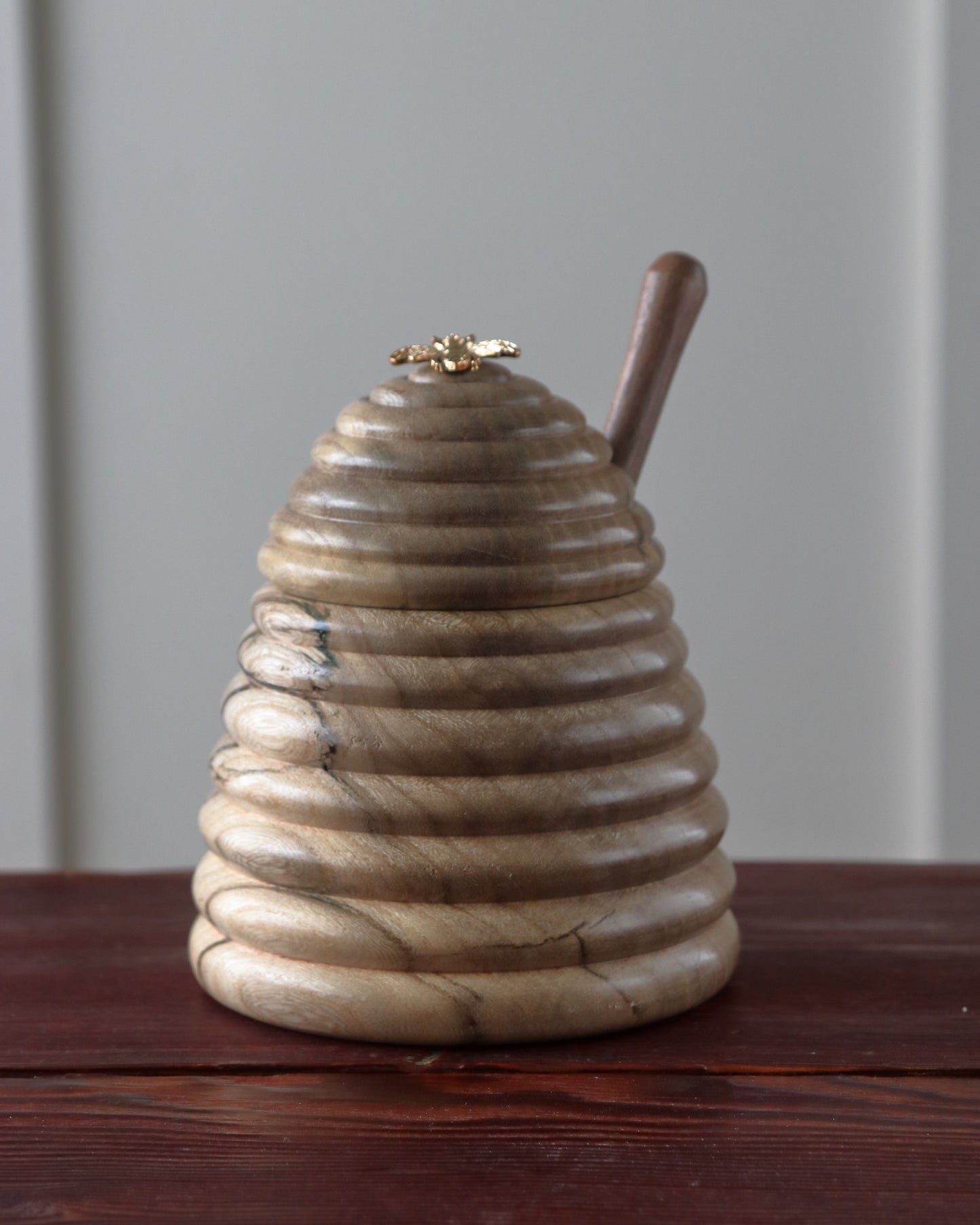 Handmade Bee Hive Honey Pot — Hackberry Wood with Walnut Dipper