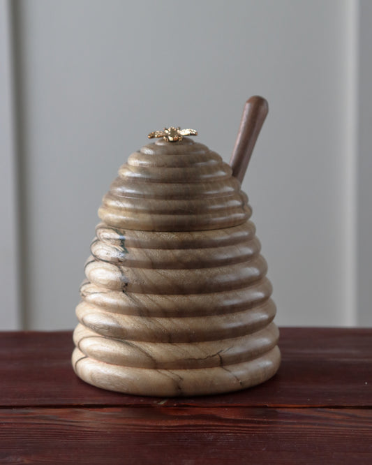 Handmade Bee Hive Honey Pot — Hackberry Wood with Walnut Dipper