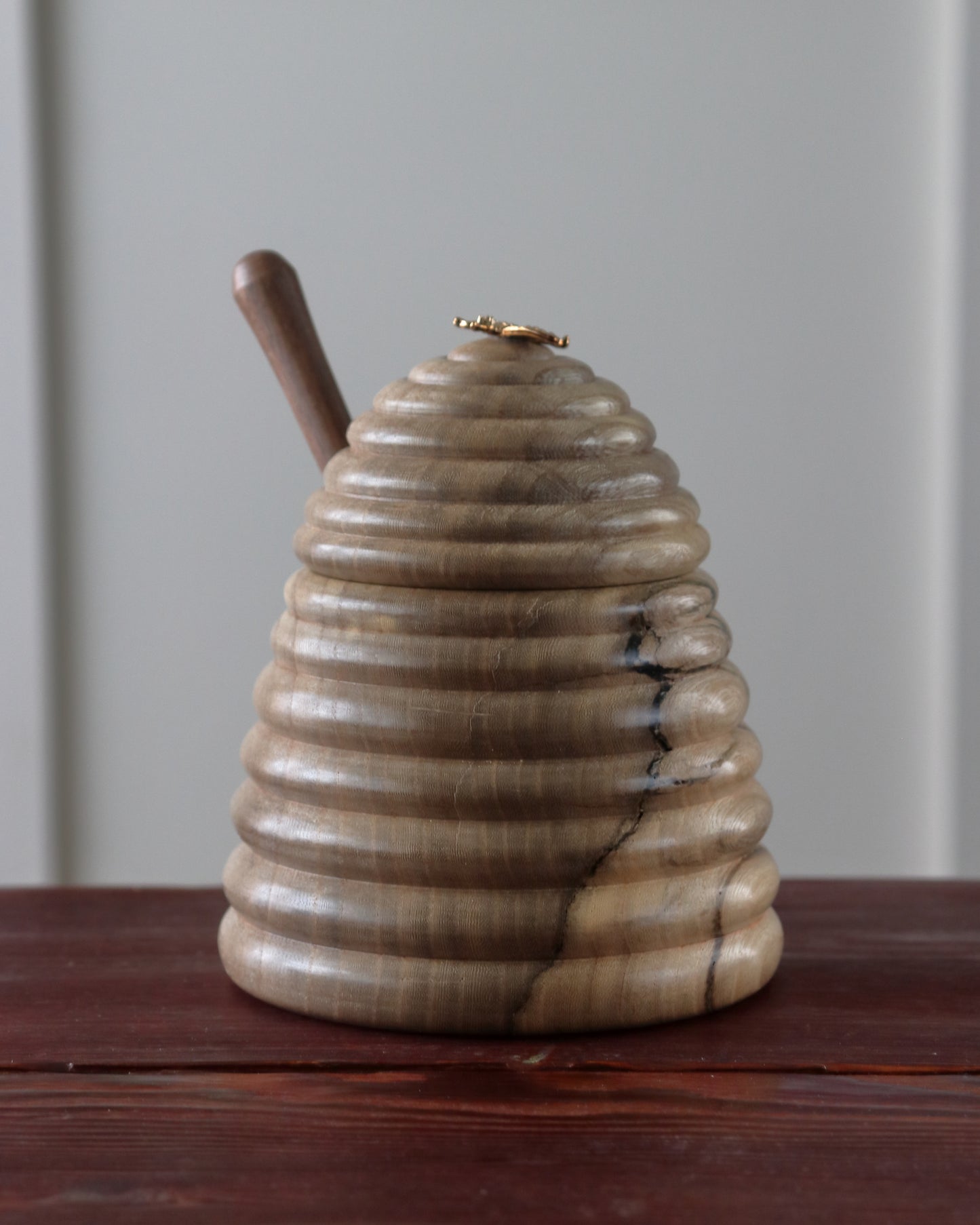 Handmade Bee Hive Honey Pot — Hackberry Wood with Walnut Dipper