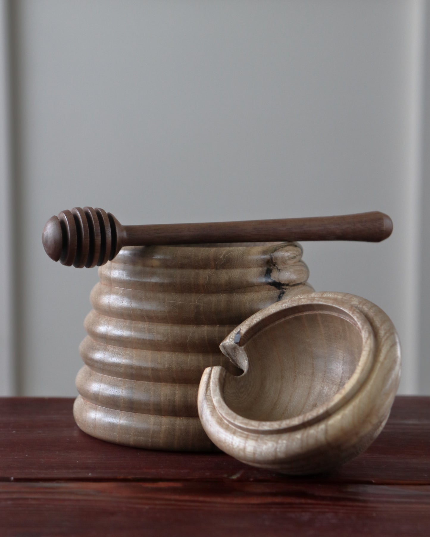 Handmade Bee Hive Honey Pot — Hackberry Wood with Walnut Dipper