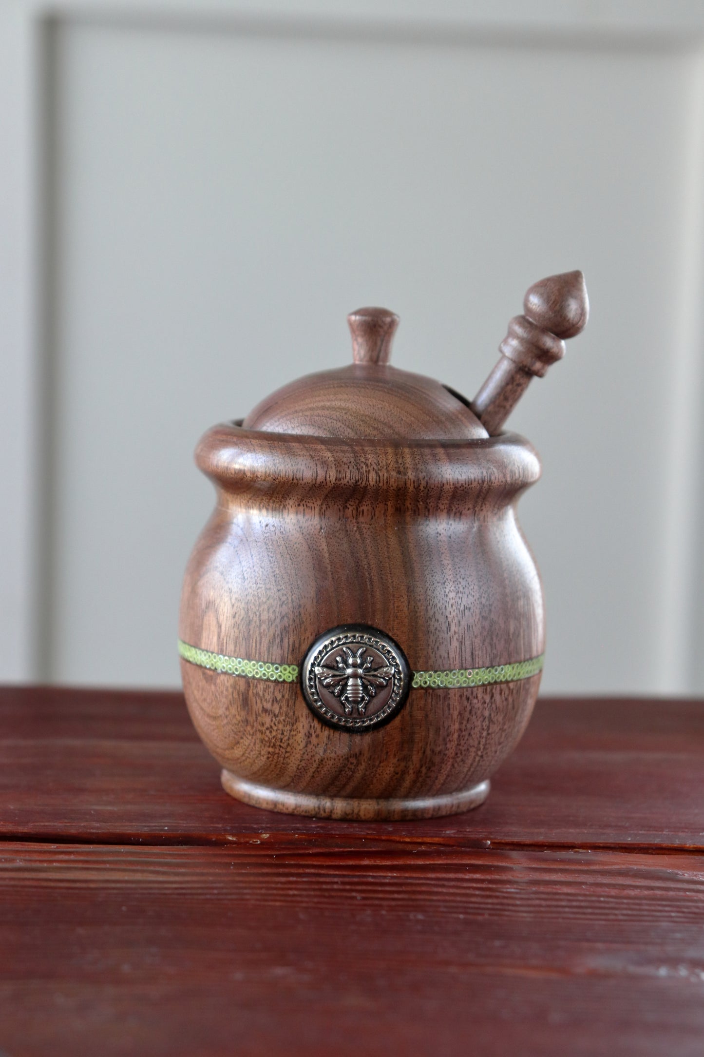 Small Black Walnut Honey Pot with Green Glass Bead Stripe & Vintage Bee Emblem