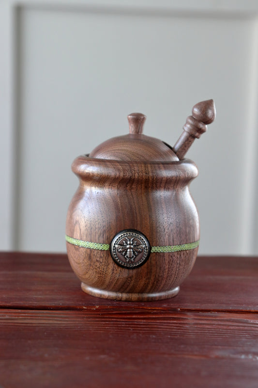 Small Black Walnut Honey Pot with Green Glass Bead Stripe & Vintage Bee Emblem