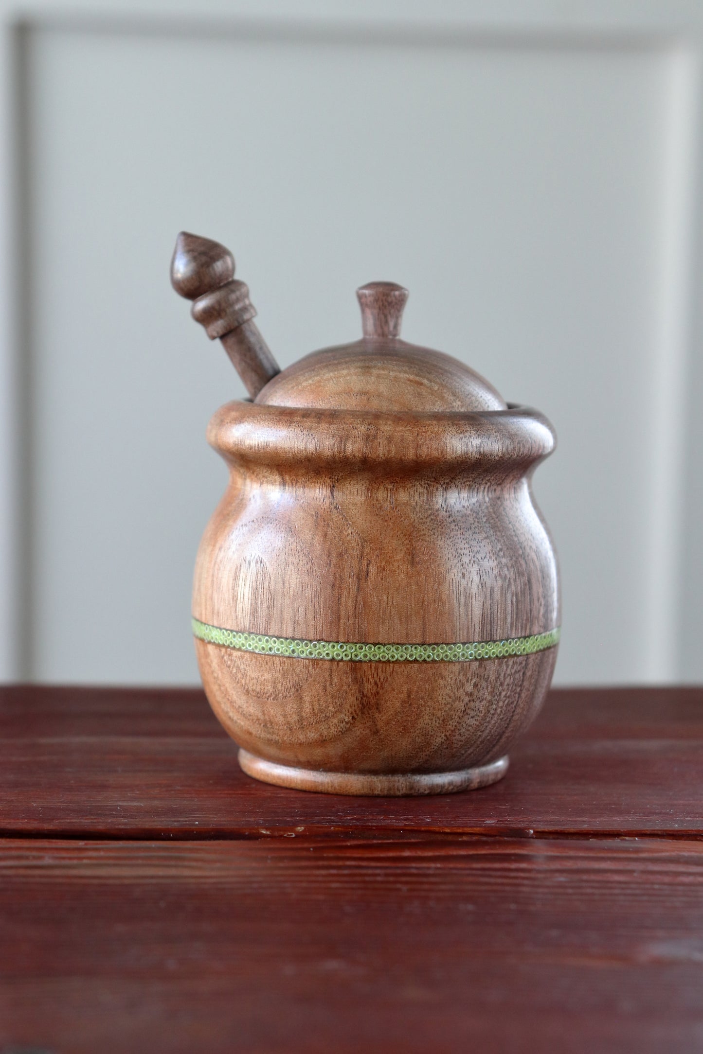 Small Black Walnut Honey Pot with Green Glass Bead Stripe & Vintage Bee Emblem