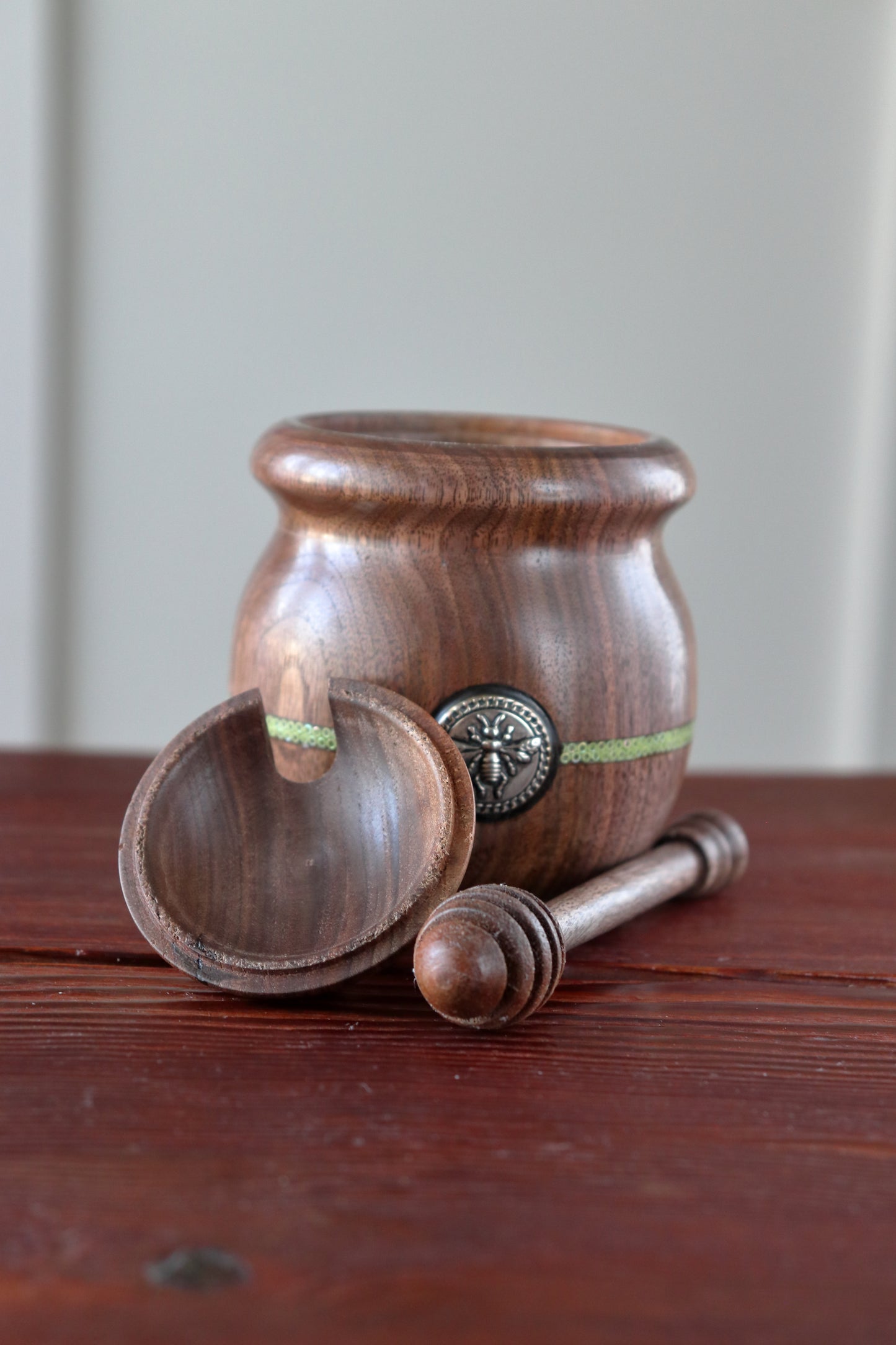 Small Black Walnut Honey Pot with Green Glass Bead Stripe & Vintage Bee Emblem