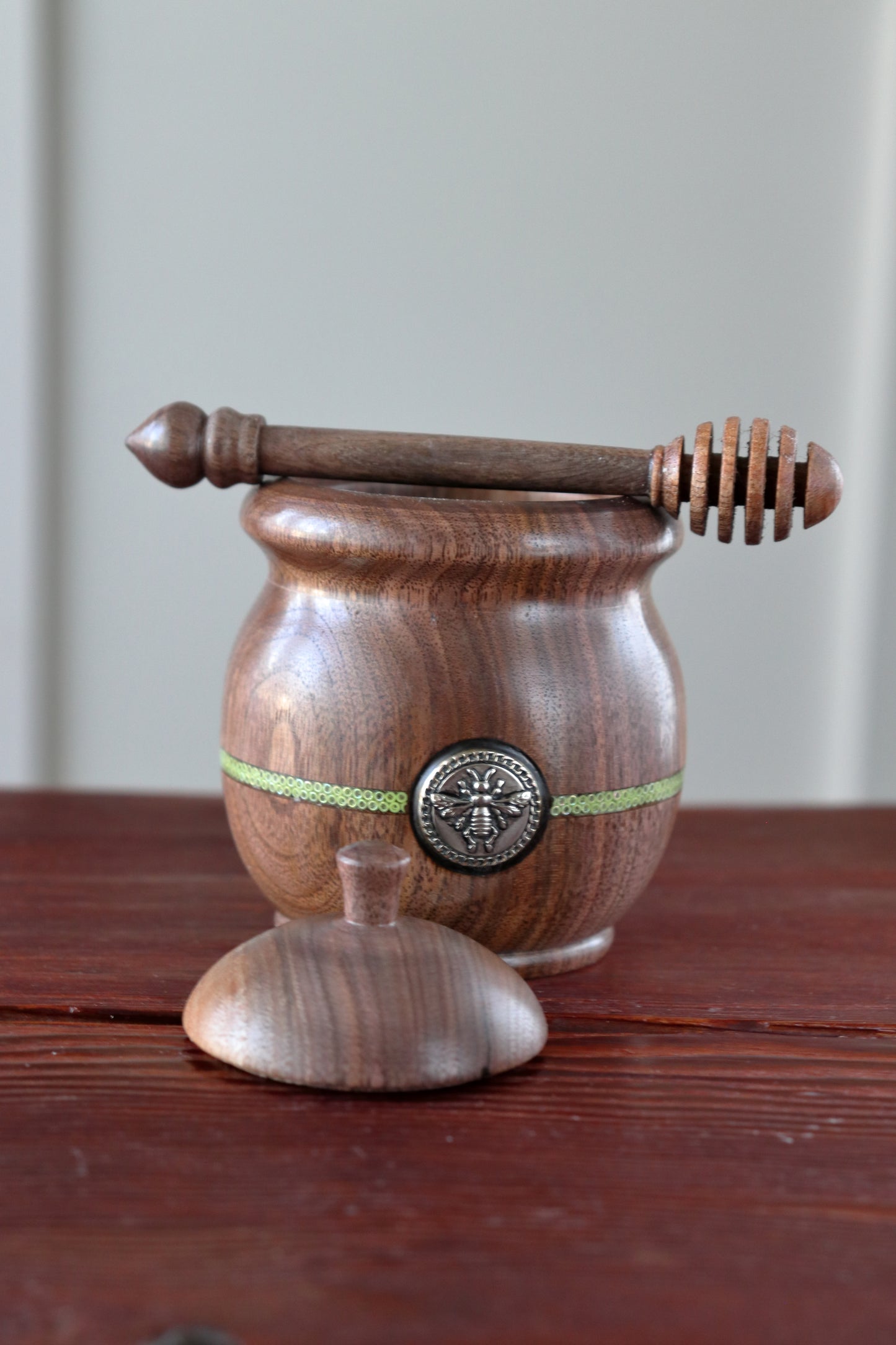 Small Black Walnut Honey Pot with Green Glass Bead Stripe & Vintage Bee Emblem