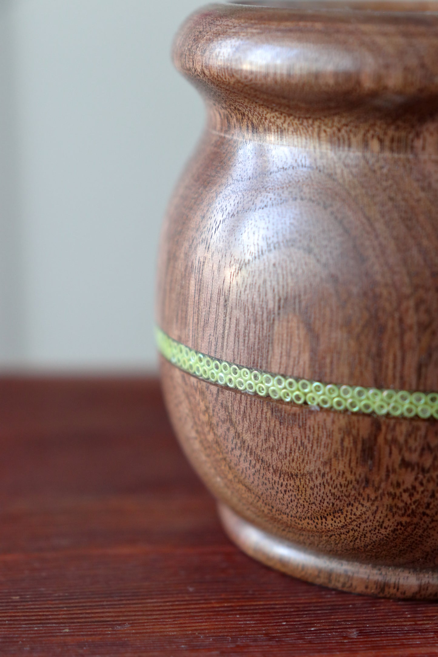Small Black Walnut Honey Pot with Green Glass Bead Stripe & Vintage Bee Emblem